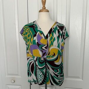 Rachel Roy Blouse Size Large Abstract Print Cap Sleeve V-Neck Colorful Top